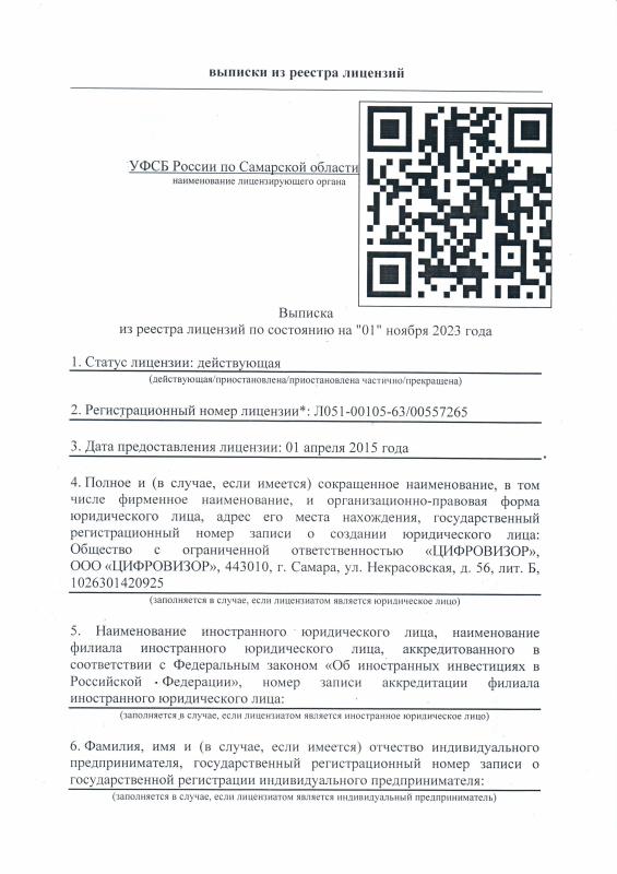 Лицензия Управления Федеральной службы безопасности России по Самарской области на осуществление деятельности по разработке, производству, распространению шифровальных (криптографических) средств